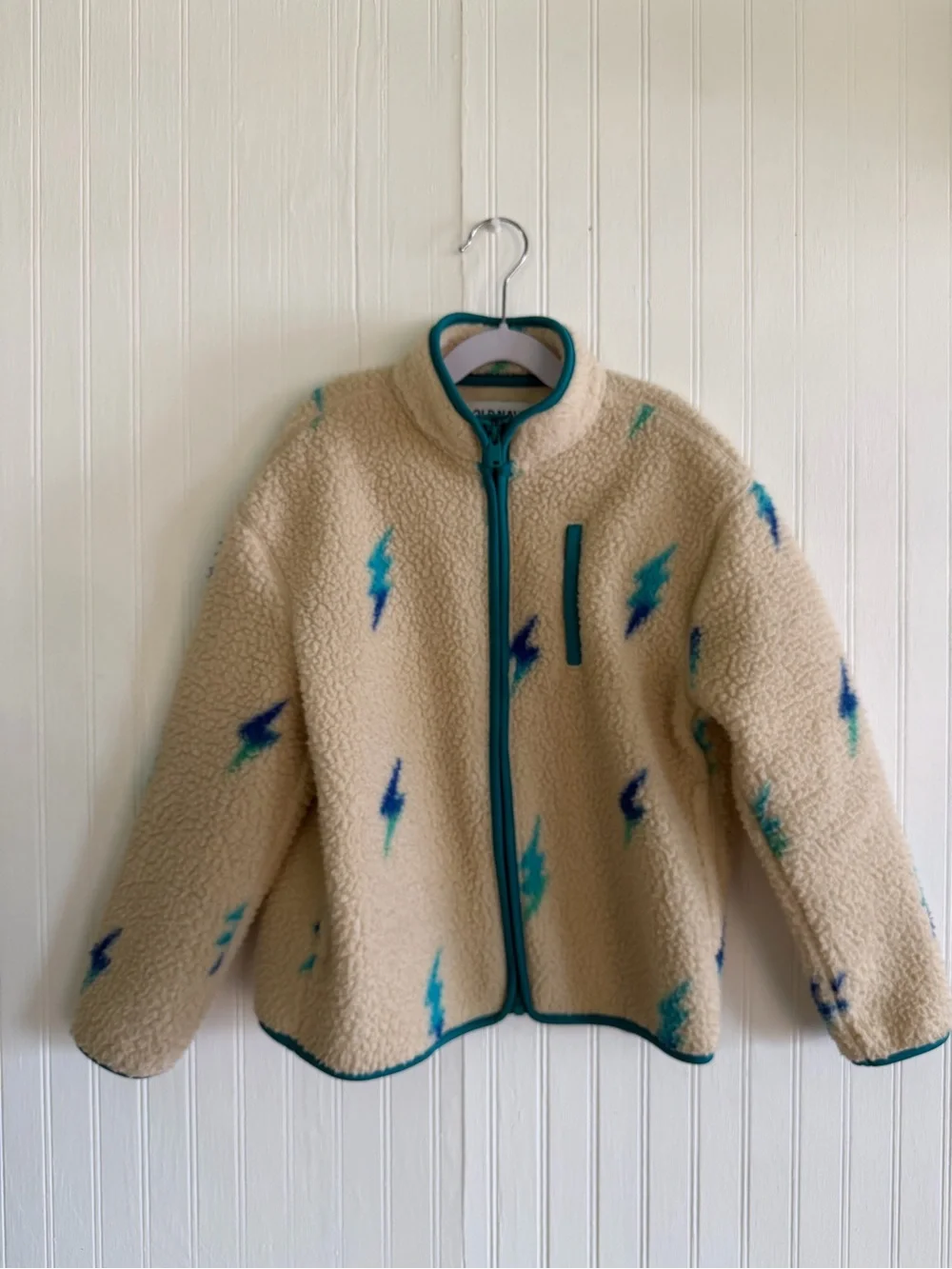 Old Navy Cream Sherpa Jacket with Blue Teal Lightning - Kids